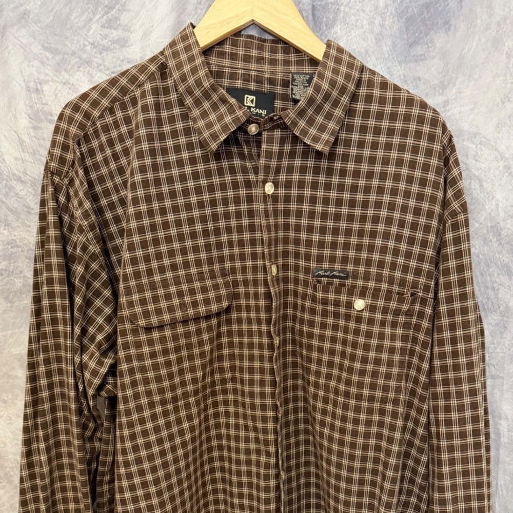 Karl Kani Khakis Mens XXL Brown Plaid Long Sleeve Button Down Preppy Streetwear
